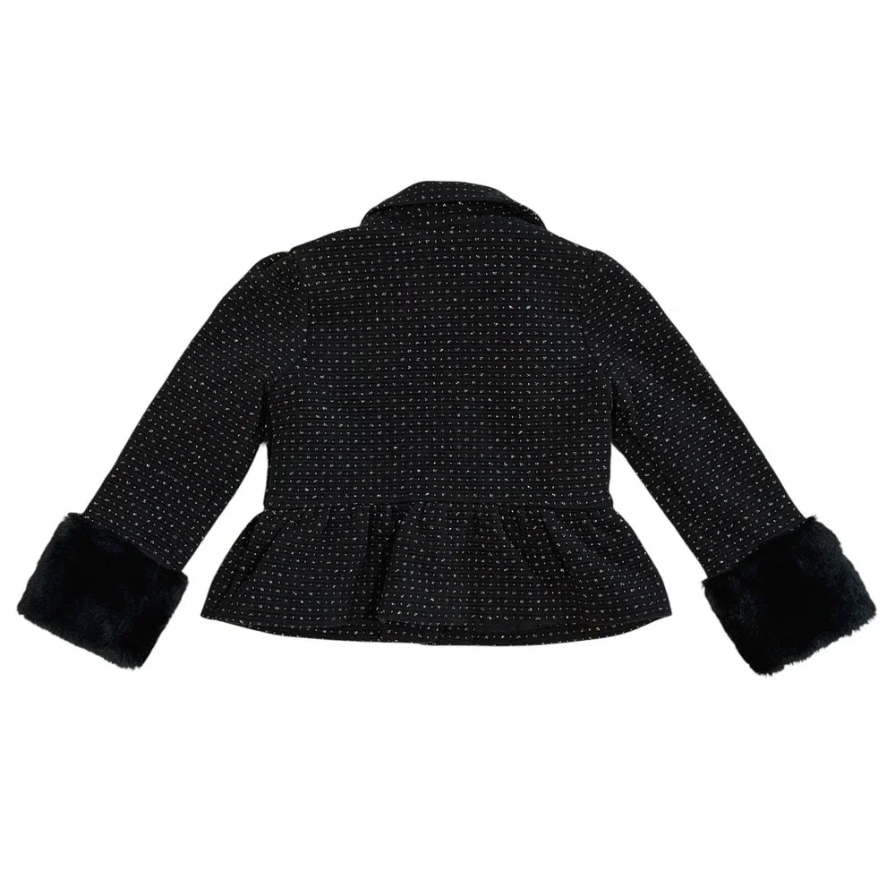 Janie and Jack Girls Black Gold Metallic Dot Peplum Blazer Faux Fur Cuffs Size 3
